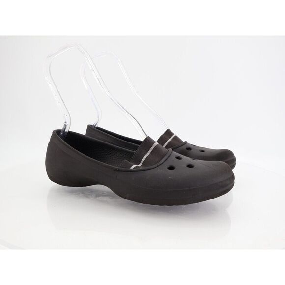 CROCS Women's Juneau Flats Sz 10 Elastic Strap Shoe Black Rubber Slip On Vented - Picture 1 of 11